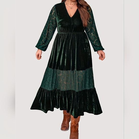 Rustydustty Women’s Plus Size Lace Patchwork Ballon Sleeve Green Velvet Dress - Picture 1 of 11